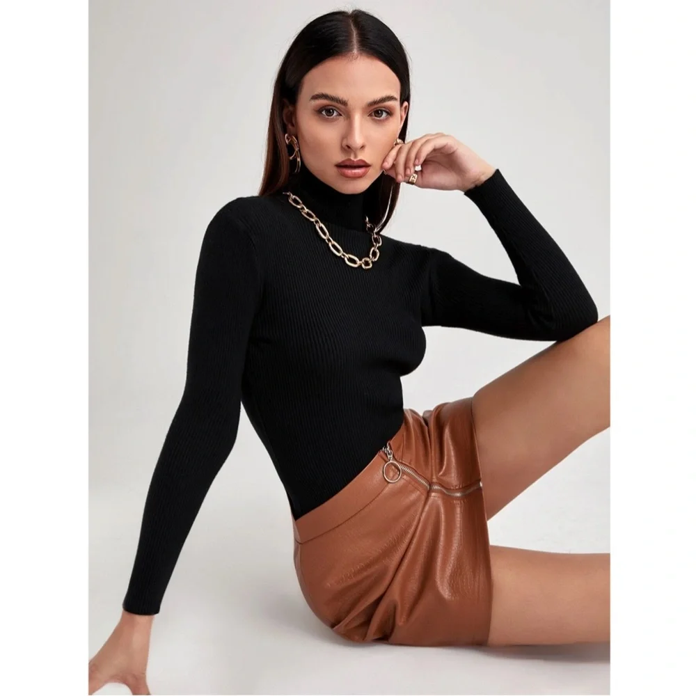 Black Rib Knit Turtle Neck Sweater Top - Picture 4 of 8